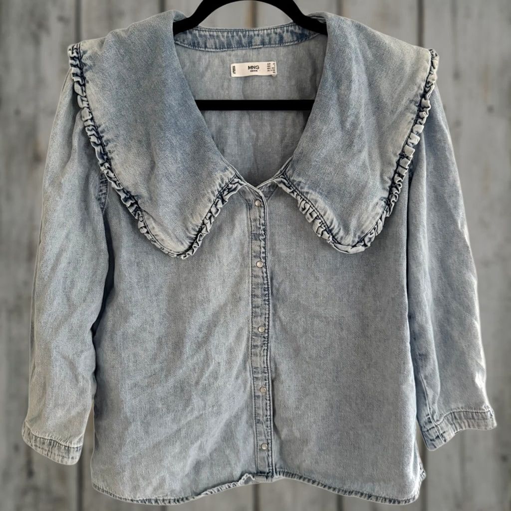 Denime MNG Denim Button-Up Top XS Womens Blue Peter Pan Collar 3/4 Sleeve Preppy Size XS / US 0-2 / IT 36-38 - 1 Thumbnail