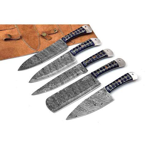 Other Damascus Kitchen Knives Set of 5 with Resin Blue Handles Size ONE SIZE - 1 Thumbnail