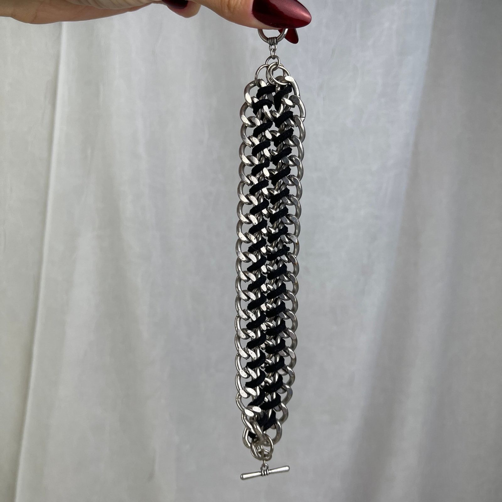 Other Silver Tone Chain Link Bracelet Black Braided Faux Leather Size ONE SIZE - 19 Thumbnail