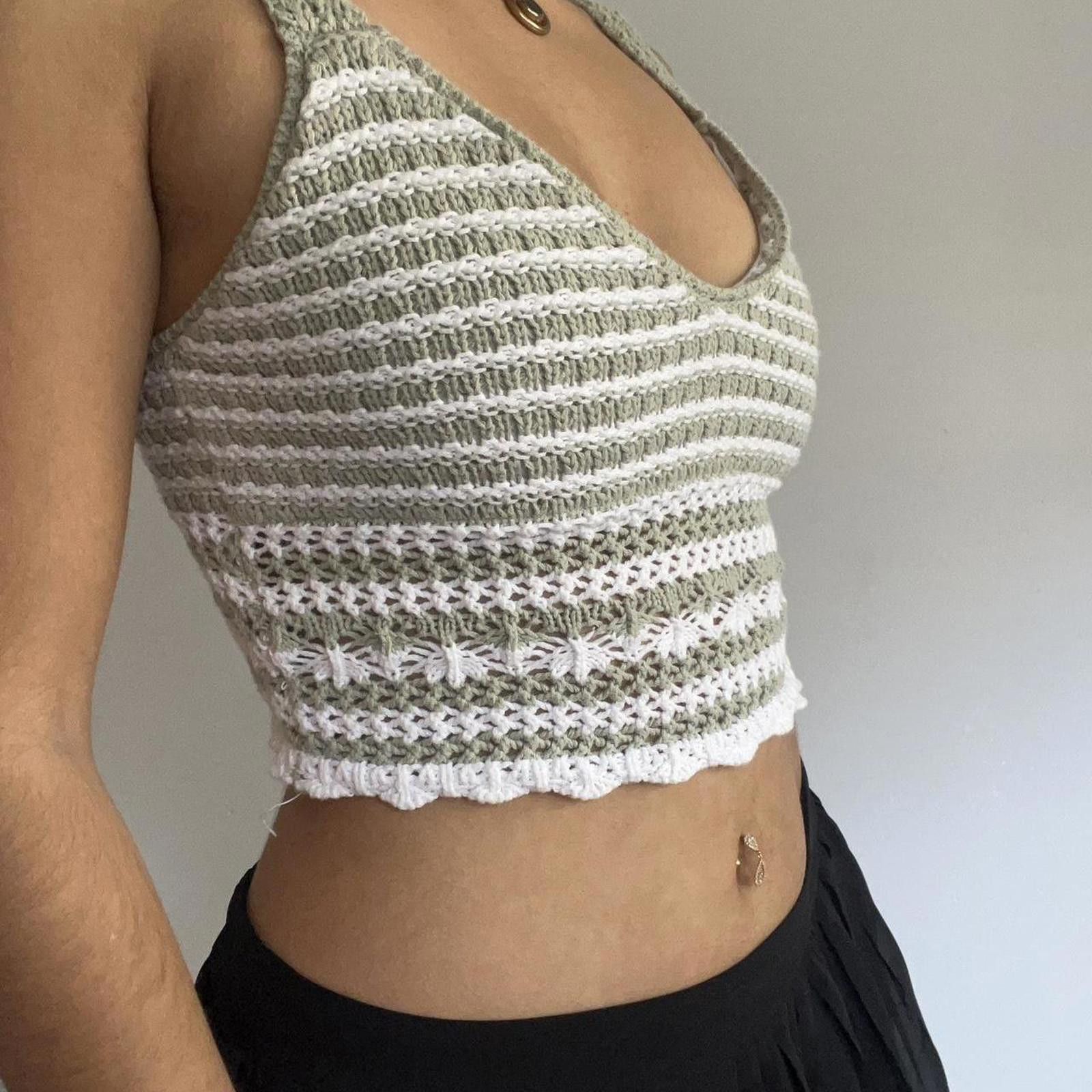 Other Cream and green striped crochet vest top #crochet Size XS / US 0-2 / IT 36-38 - 3 Thumbnail