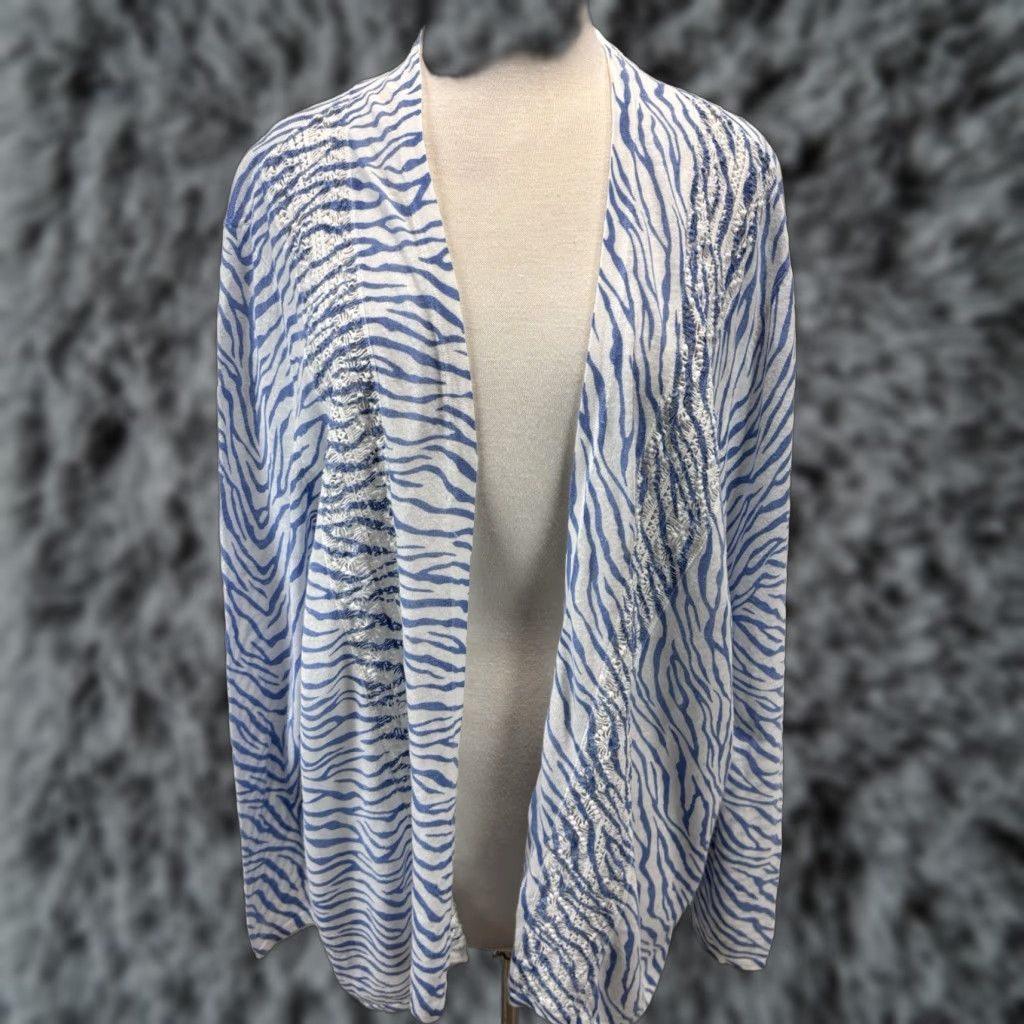 Vintage Chico's Coastal Cardigan Women 2XL Linen Blend Zebra White Blue Womens Size XXL / US 16-18 / IT 52-54 - 1 Thumbnail