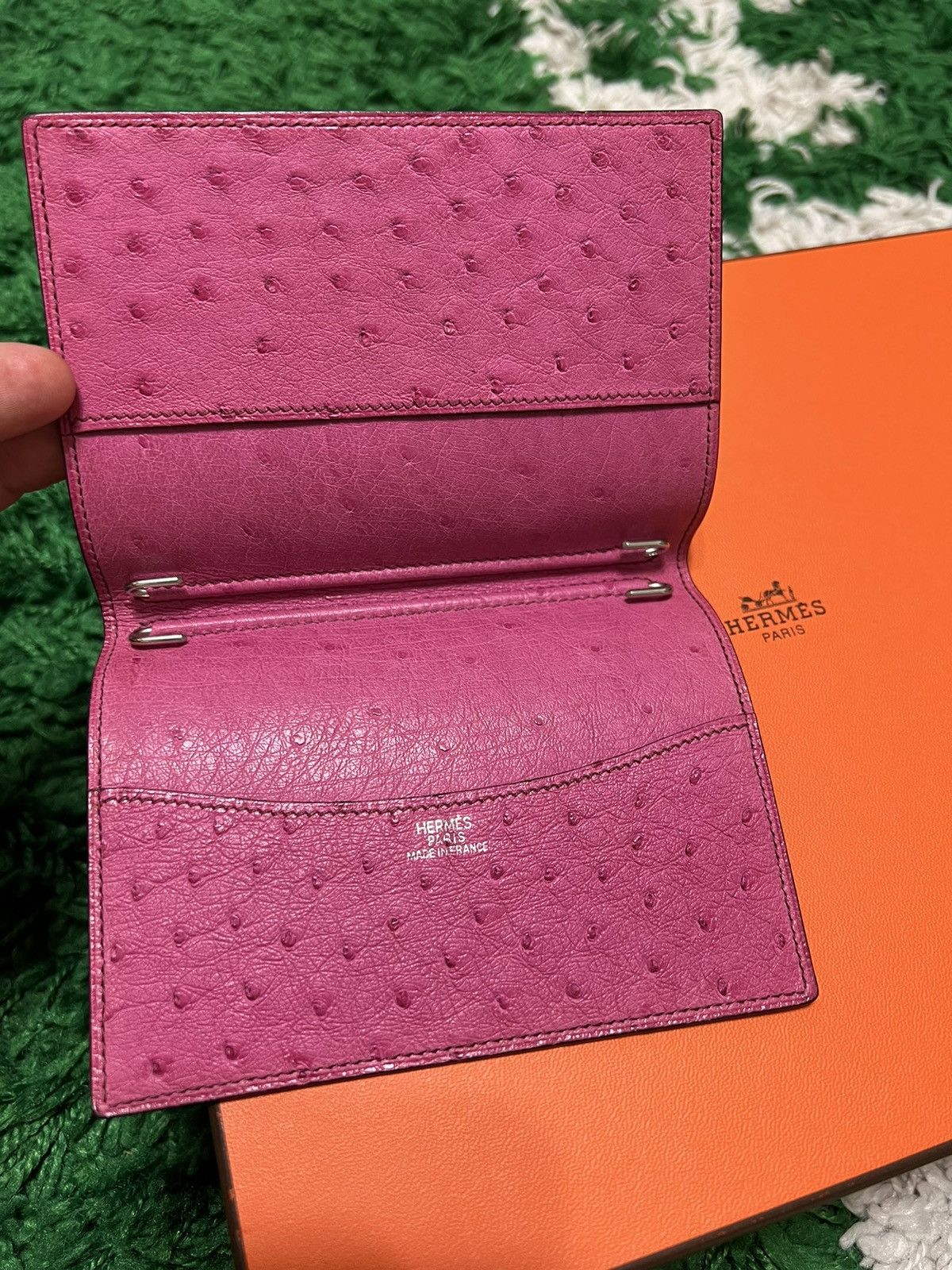 image of Hermes Ostrich Wallet/passport Holder in Pink, Women's