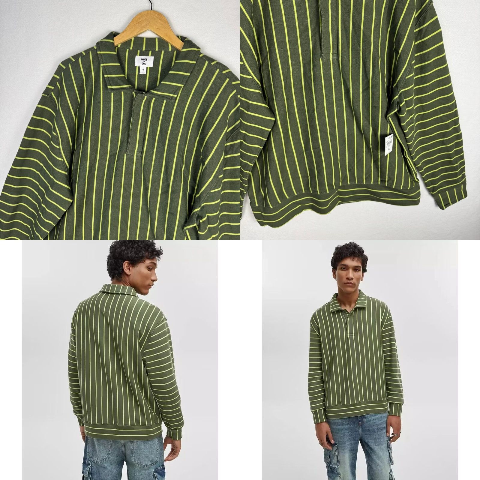 Vintage Mode of One Mens Relaxed Fit Polo Wild Ivy Striped French Terry Long Sleeve XL Green Size US XL / EU 56 / 4 - 9 Thumbnail