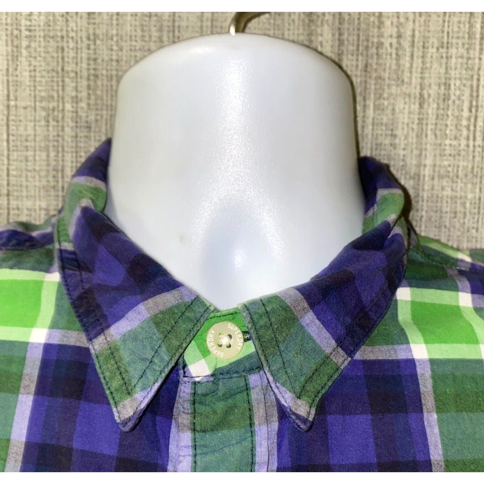 Superdry Superdry Shirt Men L Blue/Green Checkered Short Sleeve Button-Up Regular Collar Cotton Size US L / EU 52-54 / 3 - 3 Thumbnail