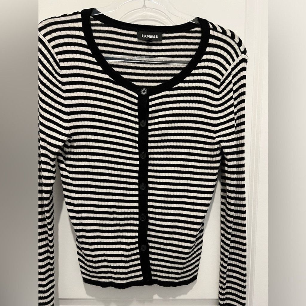 Express Gently Worn Express Black and White Strip Cardigan Size L / US 10 / IT 46 - 2 Thumbnail