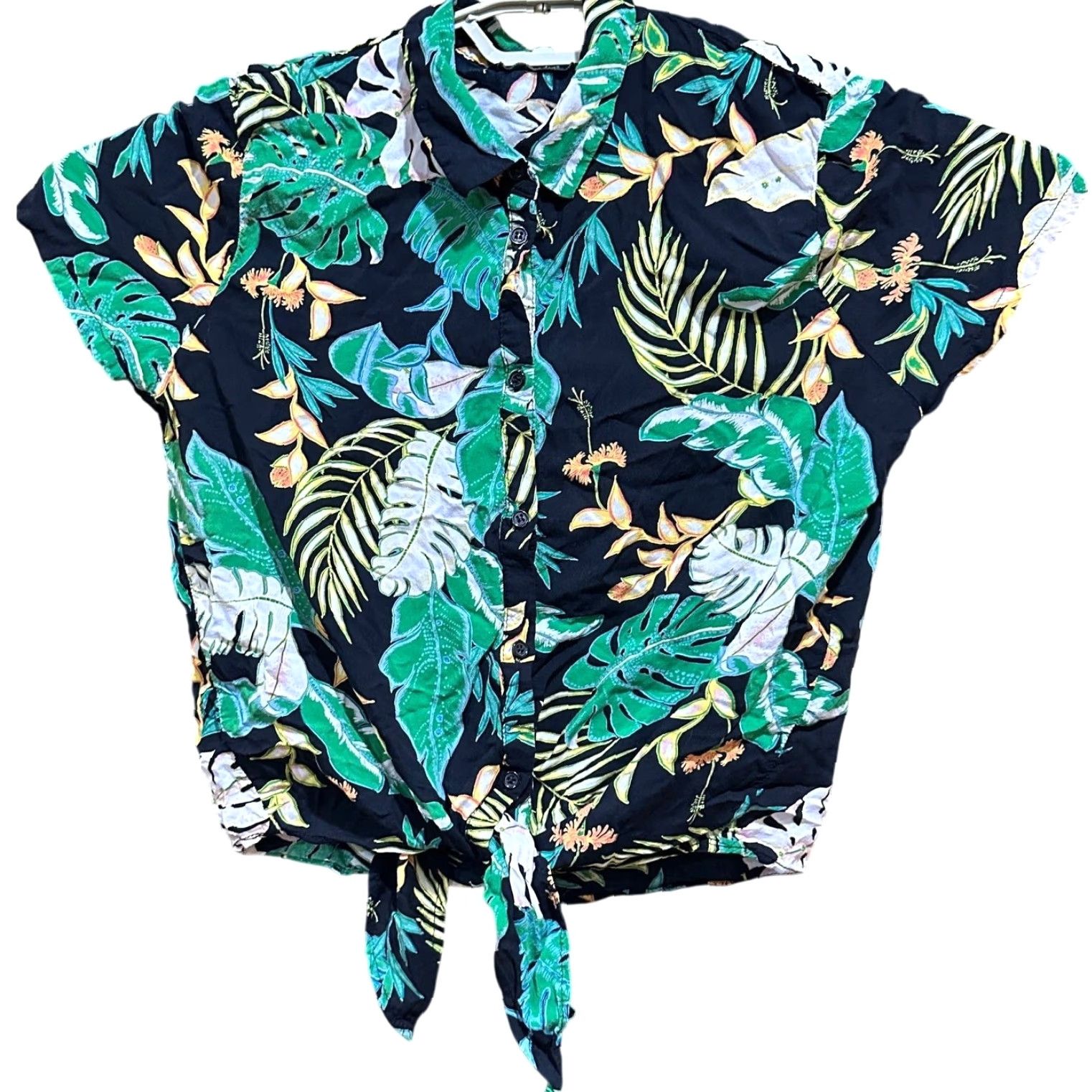 Vintage Only Blouse EU 42 US M Boxy Tropical Green Tie Front Shirt Resort Vacation Size M / US 6-8 / IT 42-44 - 2 Thumbnail