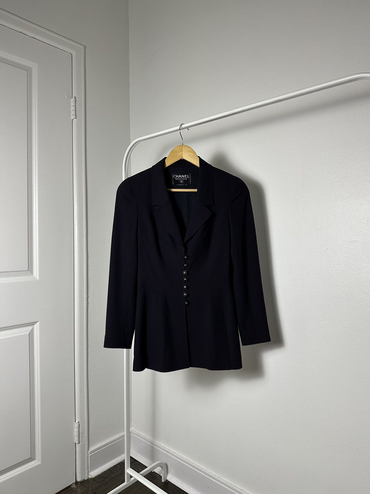 Chanel 1997 Runway Gripoix Logo Button Corset Suit Jacket