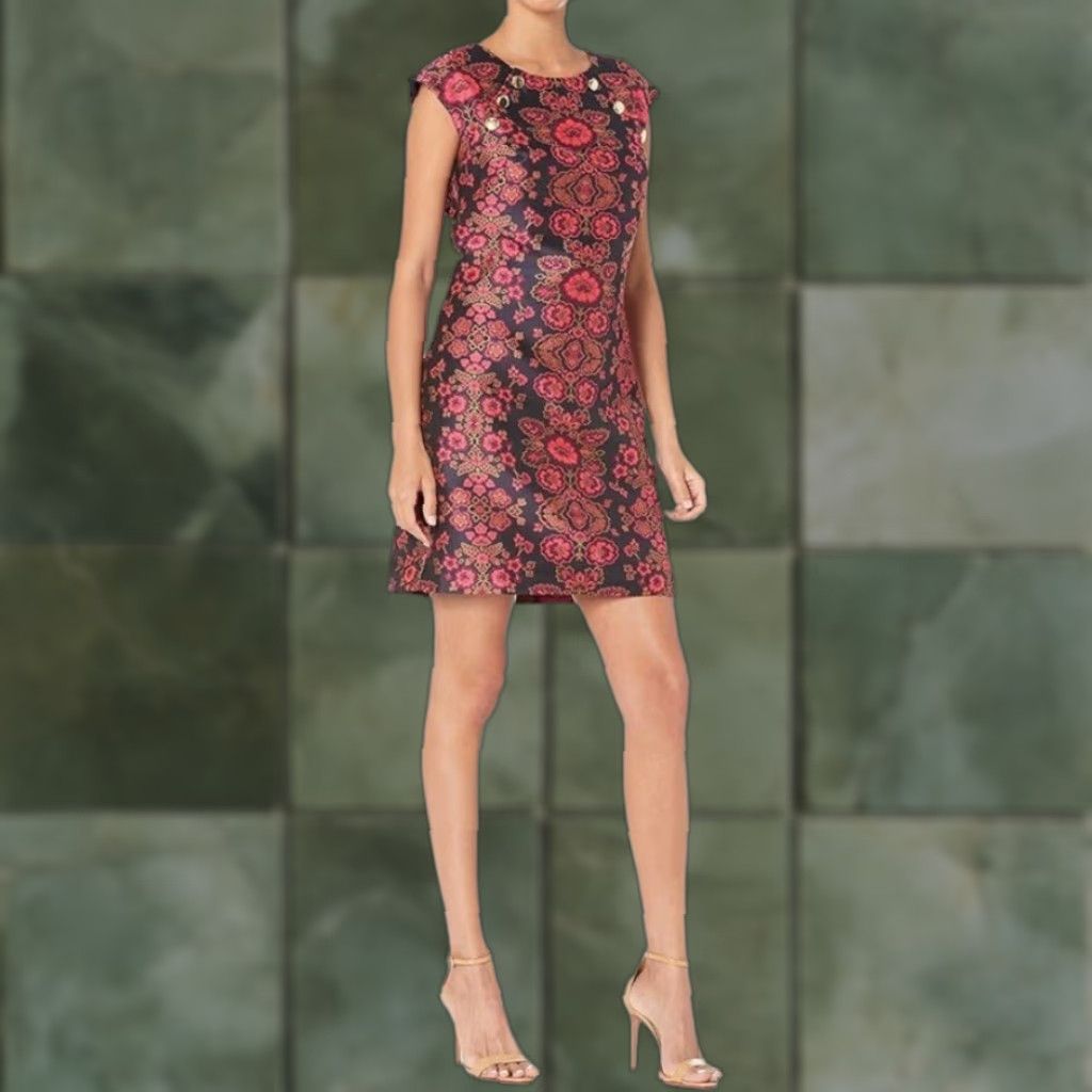 Trina Turk Trina Turk Angelou Sierra Primrose Jacquard Shift Dress Sz 4 Red Floral Sleeveless Zip Crew Neck Mini Sheath 60s Vintage No Women Size S / US 4 / IT 40 - 1 Thumbnail