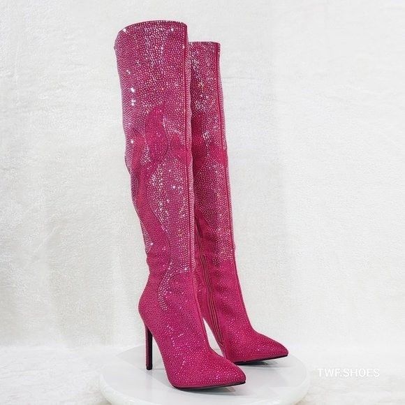 Other Like It Hot Fuchsia Rhinestone Flame Detail Sexy OTK High He Size US 8.5 / IT 38.5 - 7 Thumbnail