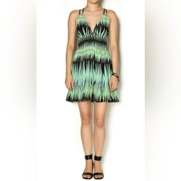 Free People Indian Summer Green/Black Smocked Waist Printed Dress Size S / US 4 / IT 40 - 1 Thumbnail