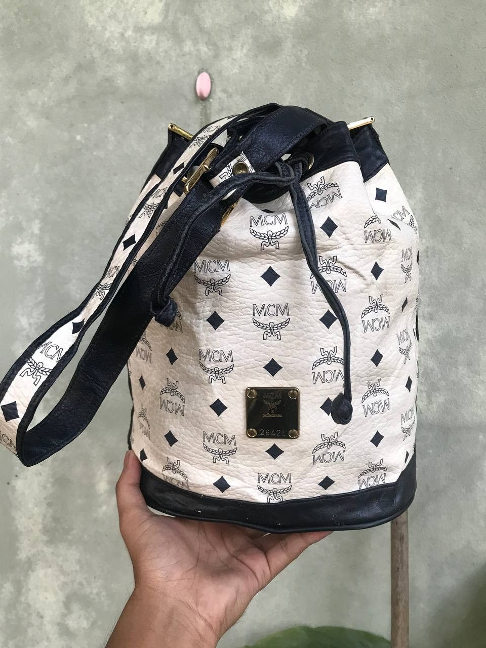 MCM Vintage MCM White Visetos Leather Drawstring Bucket Bag Size ONE SIZE - 2 Thumbnail