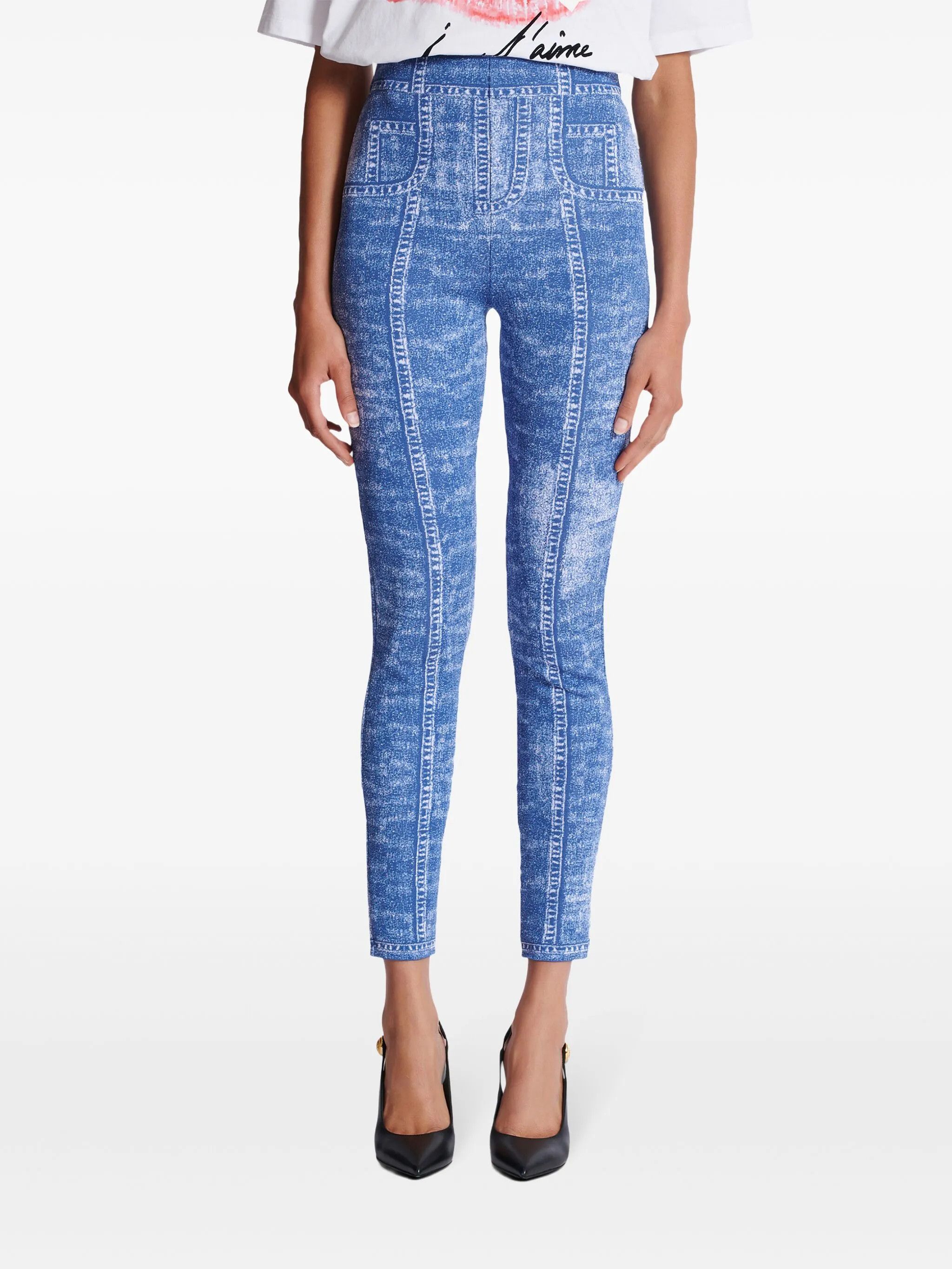 Balmain o1srvl11e1125 Jacquard Leggings in Blue Size 25" / US 0 / IT 36 - 5 Thumbnail