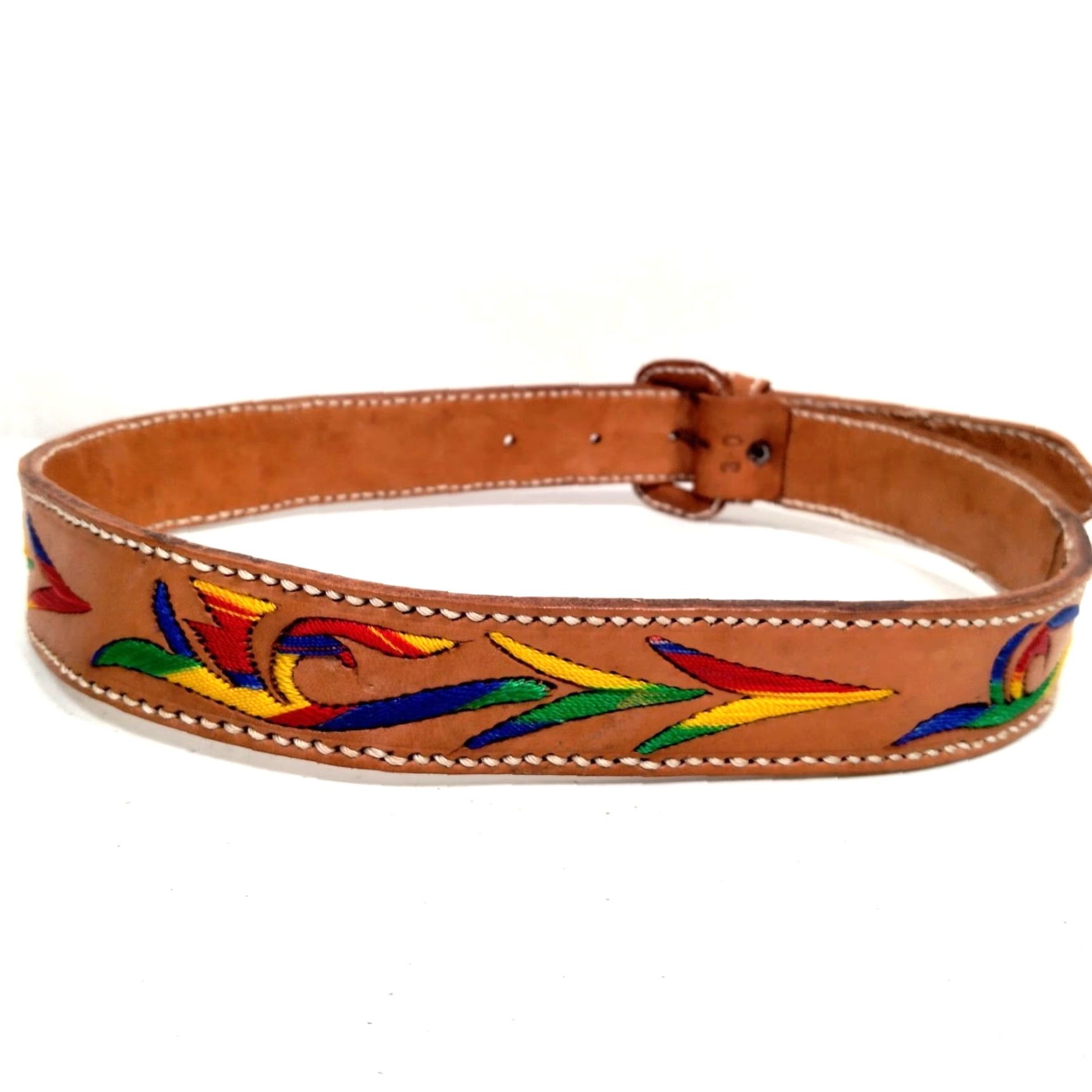 Vintage VINTAGE Leather Belt Women's Adjustable 1 3/8" Brown Embroidered Boho Tribal 30" Size 26-30in Size ONE SIZE - 2 Thumbnail