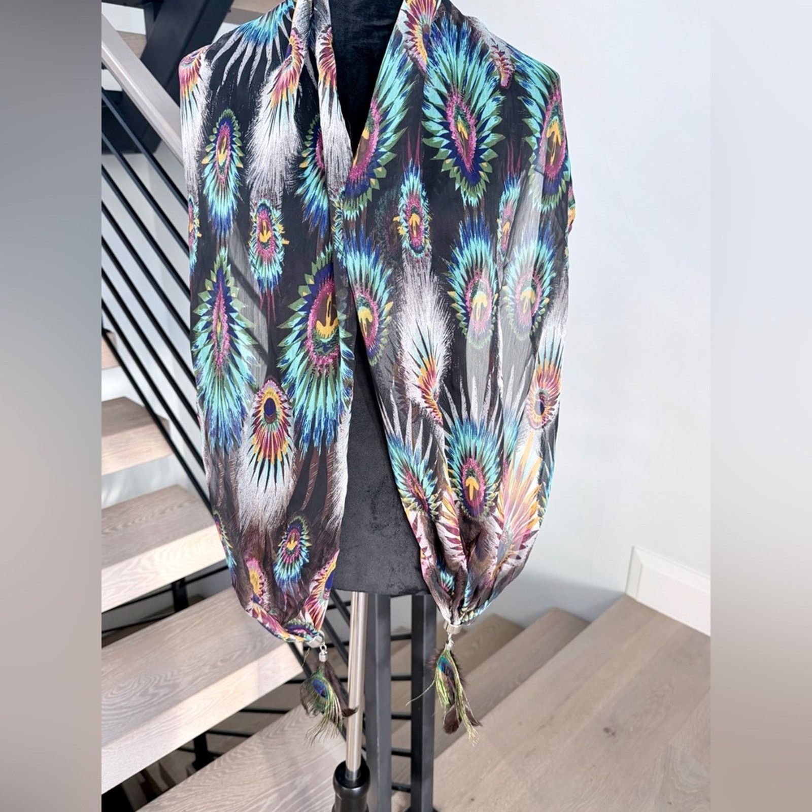 Other Peacock Feather Print Scarf Beach vacation Vintage Y2K Size ONE SIZE - 6 Thumbnail