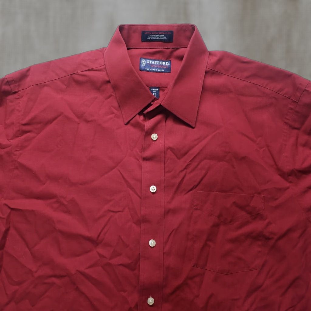 Stafford Stafford Dress Shirt Long Sleeve Red 17 Mens Button Up Solid Cotton Blend 55% Cotton 45% Polyester Regular Style Preppy Size US XL / EU 56 / 4 - 1 Thumbnail