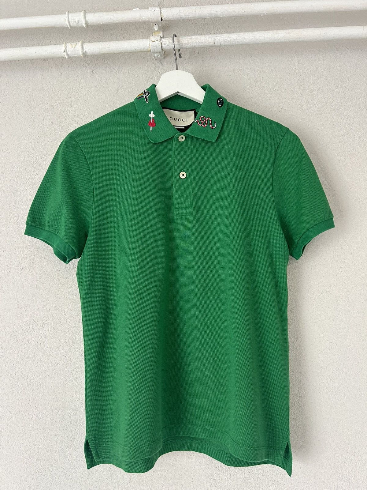 Image of Gucci Green Pique Cotton Polo Shirt With Embroidered Collar, Men's (Size Small)