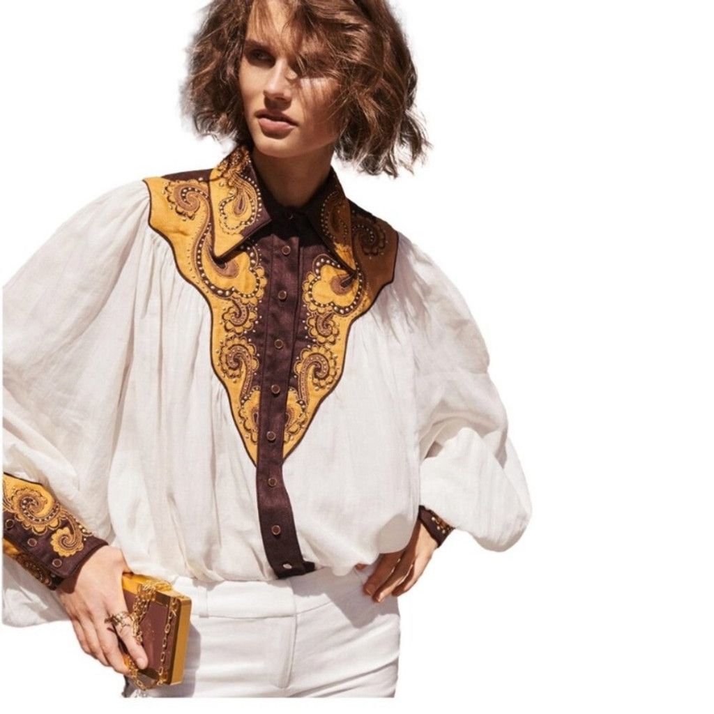 Other BEULAH Bohemian Shirt Blouse White Yellow Brown Luxury Top S Size S / US 4 / IT 40 - 1 Thumbnail