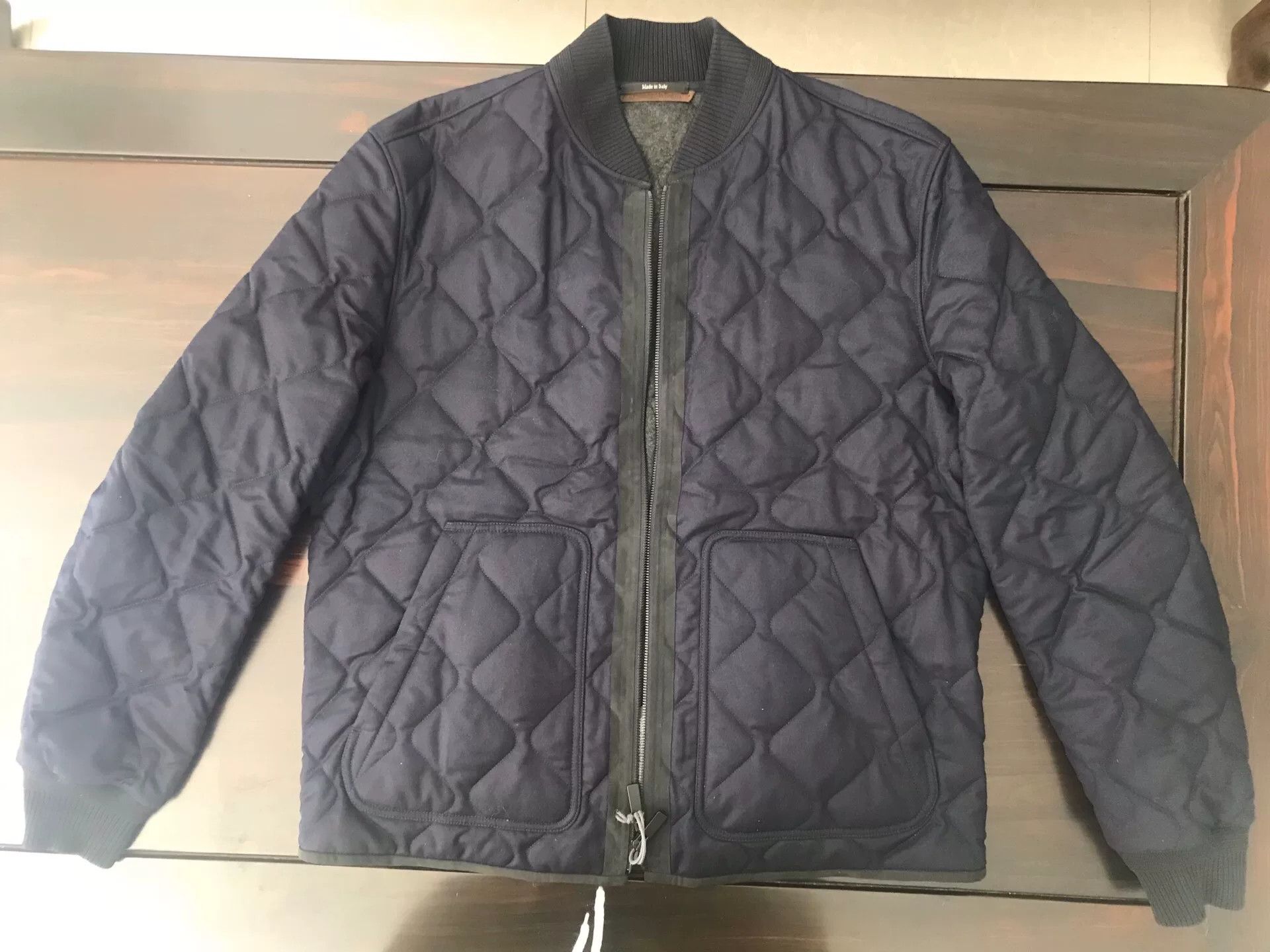 Ermenegildo Zegna navy quilted wool jacket with leather trim Size US L / EU 52-54 / 3 - 1 Thumbnail