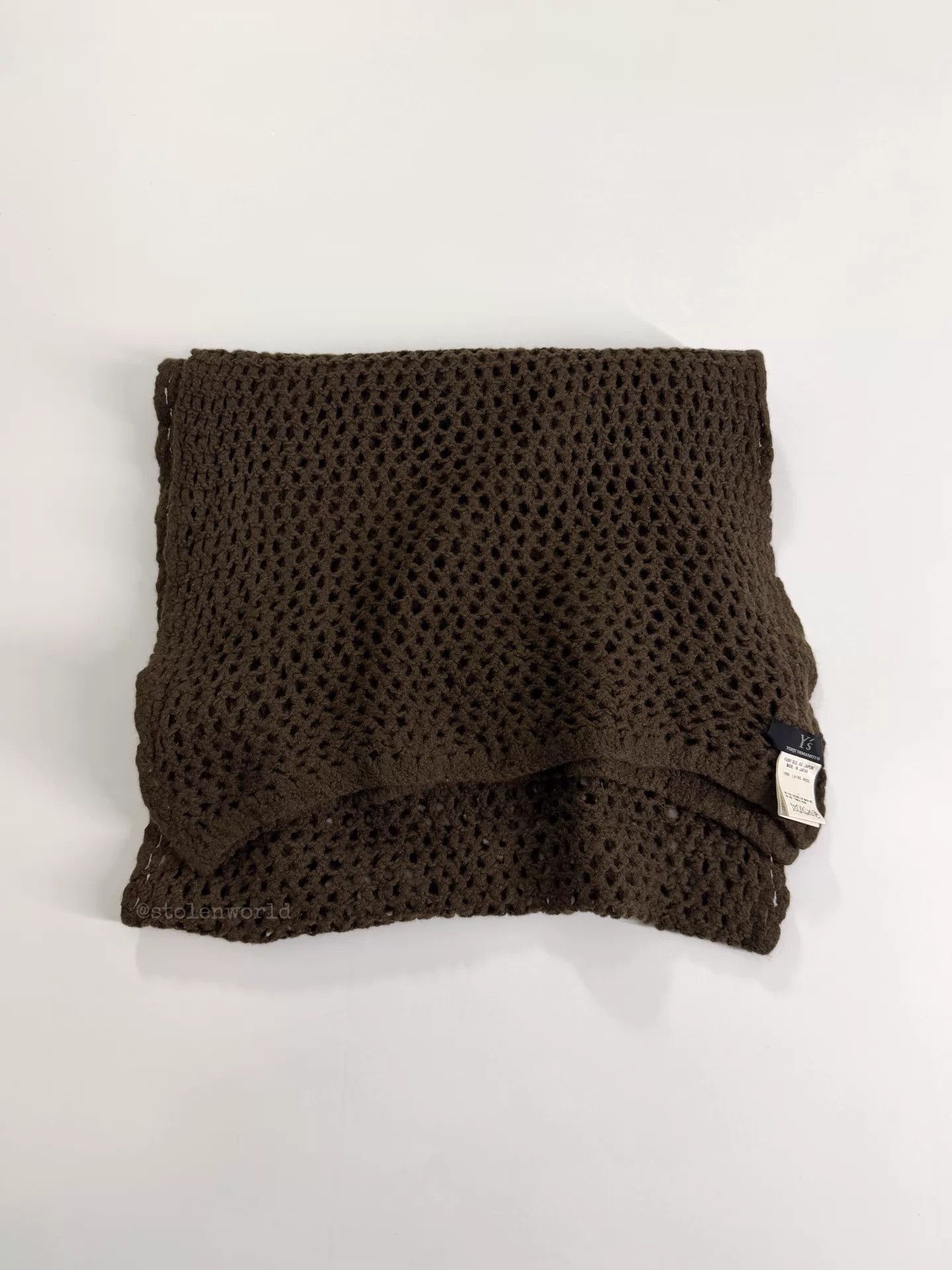 Yohji Yamamoto Yohji Yamamoto Y's Crochet Mesh Wool Scarf Moss Brown Size ONE SIZE - 9 Thumbnail