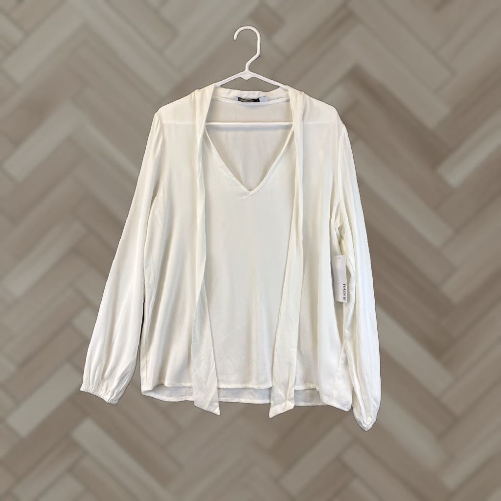 Vintage Just Fab Women's Blouse Long Sleeve V-Neck White Large Womens Size L / US 10 / IT 46 - 1 Thumbnail