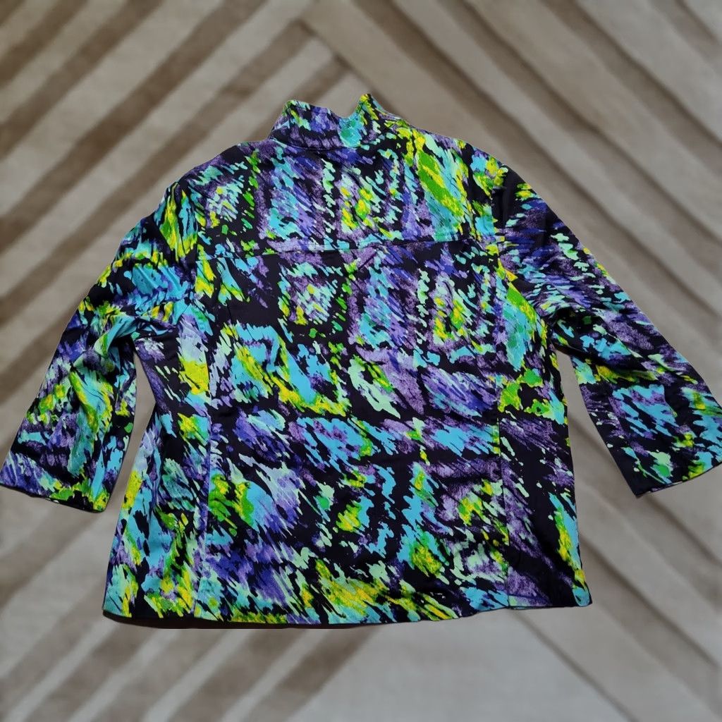 Vintage TONI MORGAN Women Purple Multi Abstract Full Zip 3/4 Sleeve Jacket Cotton Blend Medium Size M / US 6-8 / IT 42-44 - 1 Thumbnail