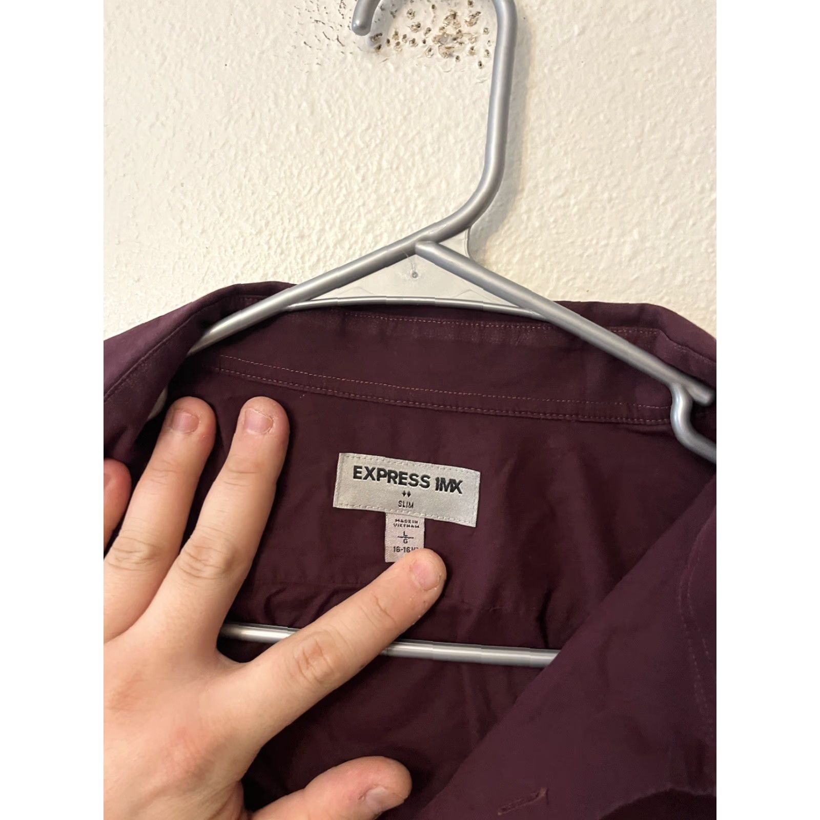 Express VINTAGE Express 1MX Extra Slim Fit Solid Dress Shirt Adult Maroon Mens Large Solid Size 42R - 2 Thumbnail