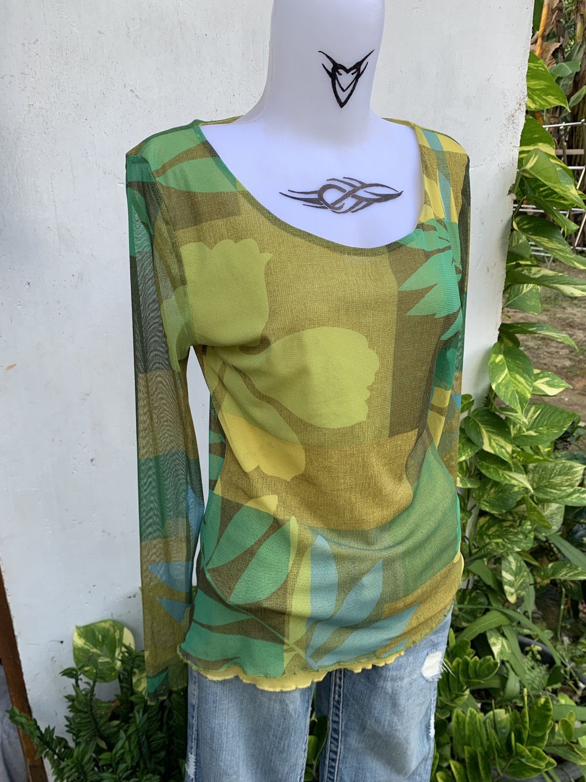 Japanese Brand y2k Earthy Floral Leaf Longsleeve Mesh Top Size M / US 6-8 / IT 42-44 - 2 Thumbnail