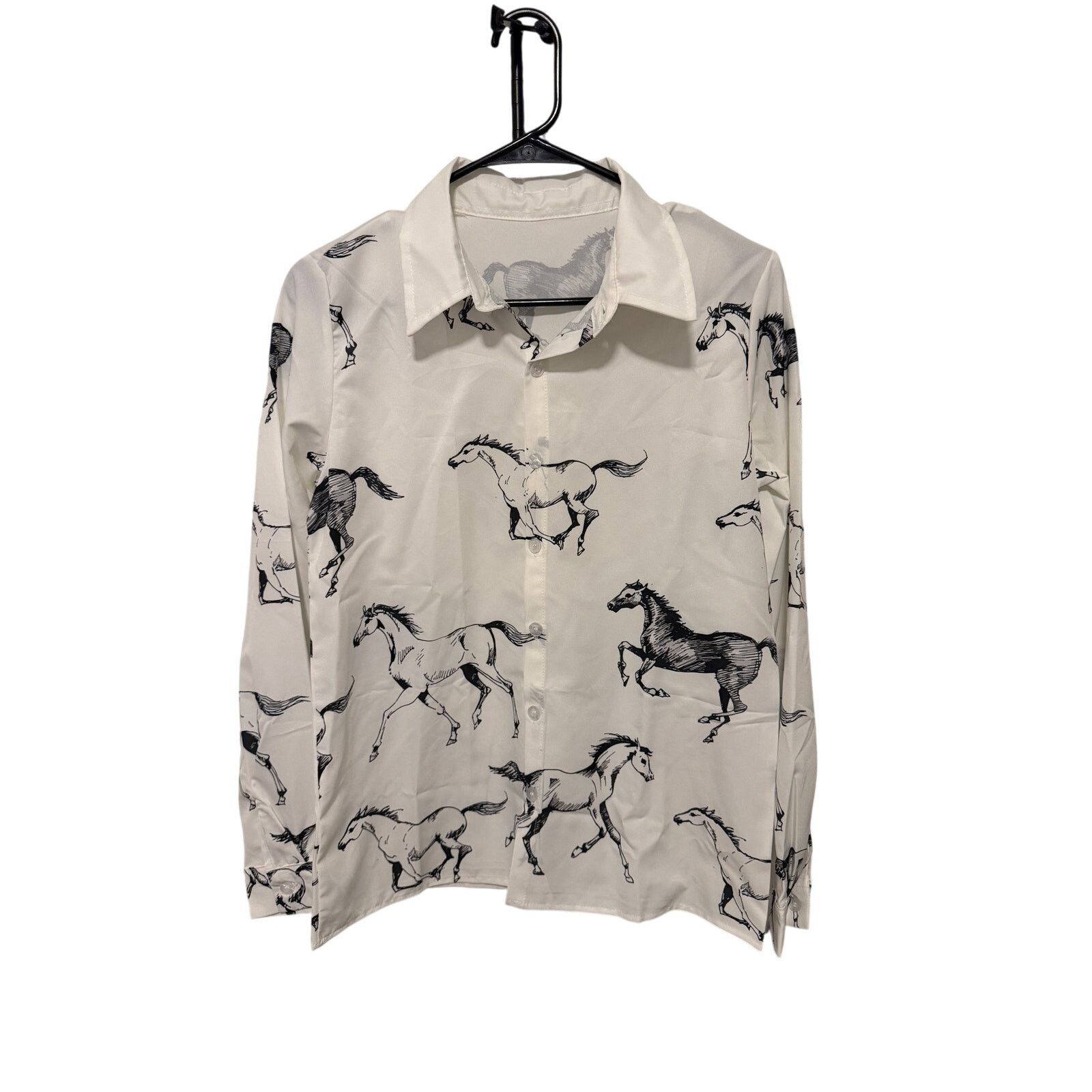 Other White Black Button Down VNeck Horse Print Long Sleeve Blouse Size S / US 4 / IT 40 - 2 Thumbnail