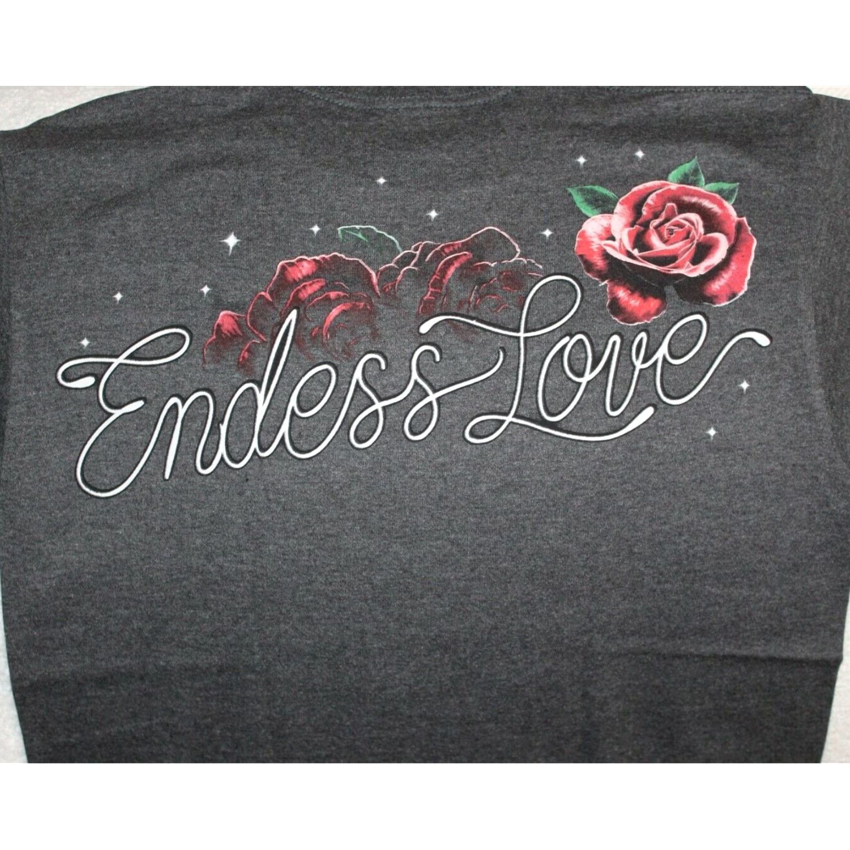 Vintage DAY OF THE DEAD GRAPHIC TEE MENS CHARCOAL GREY SKULL ROSE FLOWER ENDLESS LOVE T-SHIRT Size US L / EU 52-54 / 3 - 4 Thumbnail