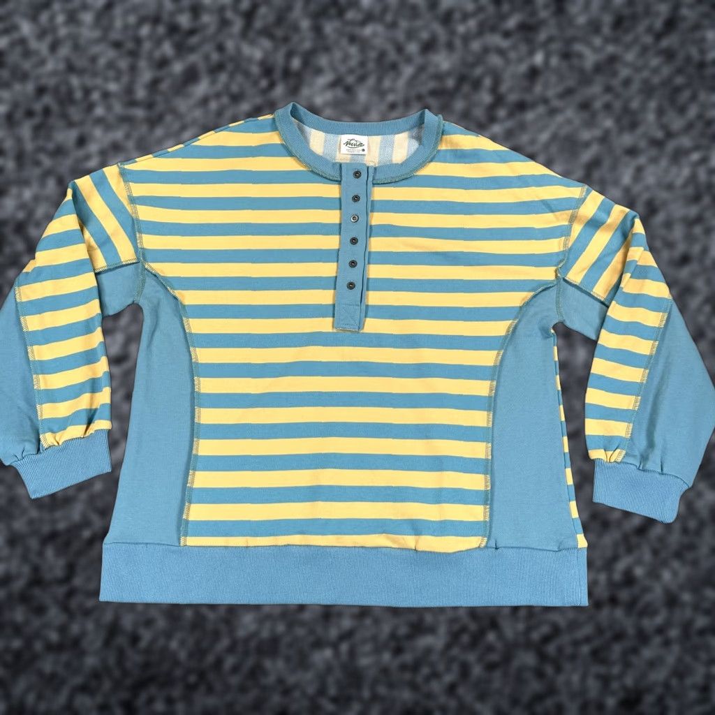 Newin Sweatshirt Mens Large Blue Yellow Stripe Henley Knit Pullover Top