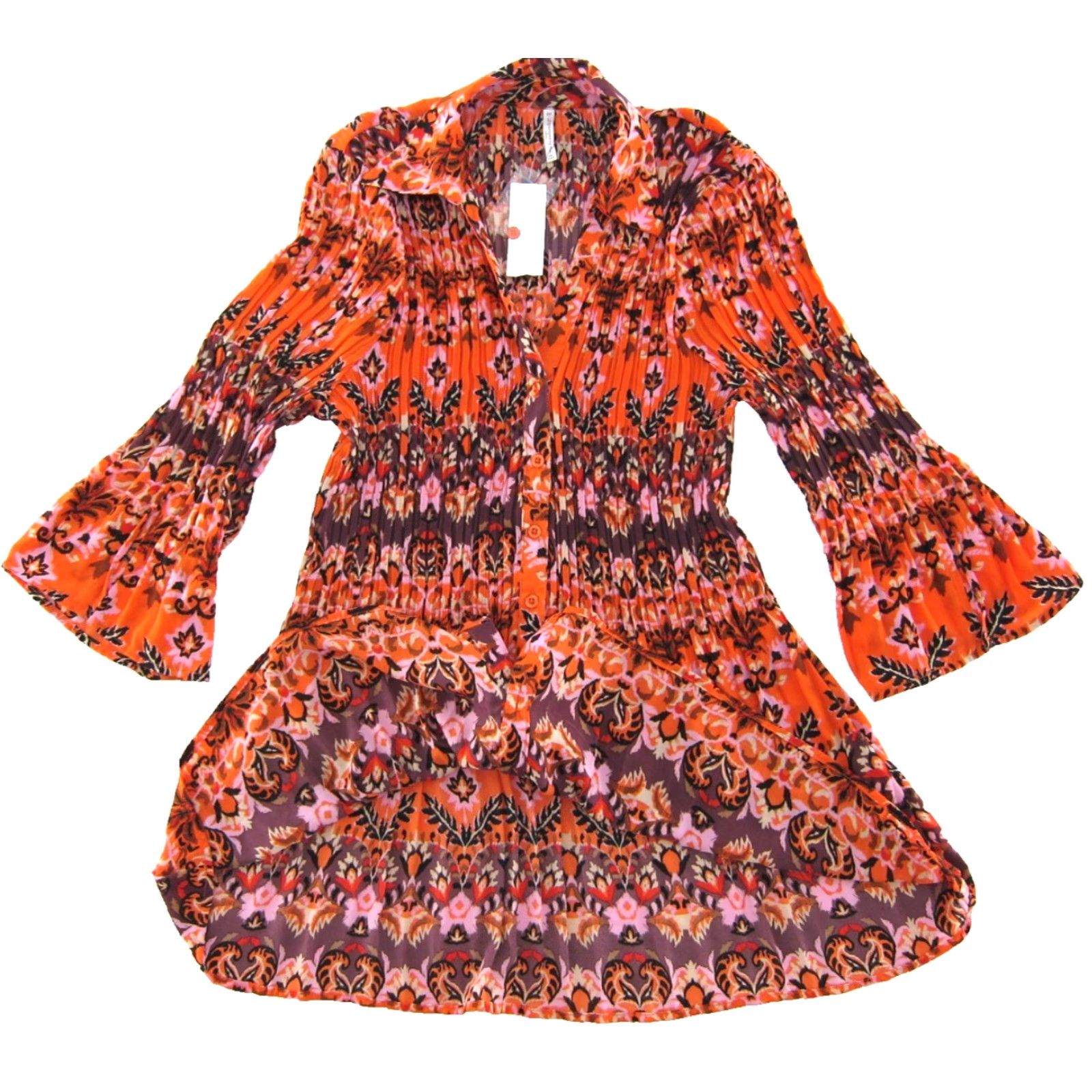 Vintage NWT Passports Blouse 3/4 Sleeve Button Up Pleated Floral Orange 2X Women Size XXL / US 16-18 / IT 52-54 - 5 Thumbnail