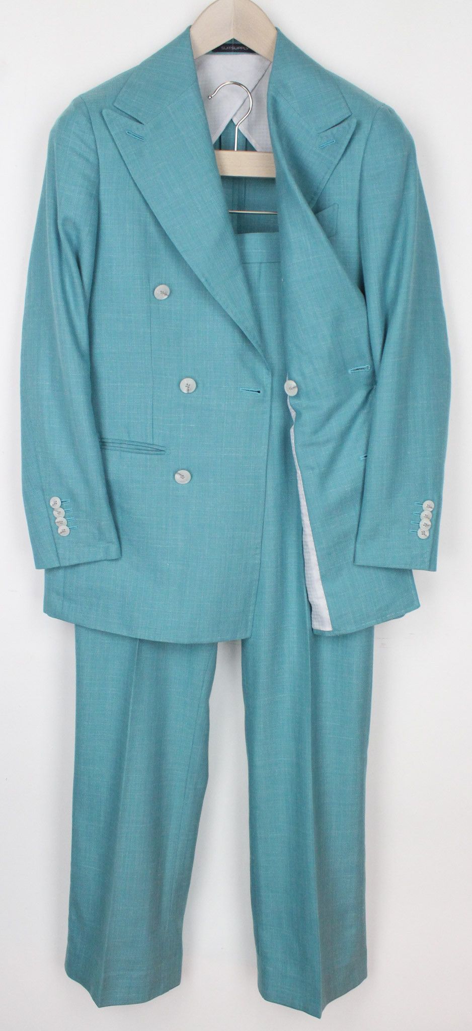 image of Suitsupply La Spalla Uk30R Aqua Blue Wool Silk Linen Slim Suit 72268, Men's (Size 34S)