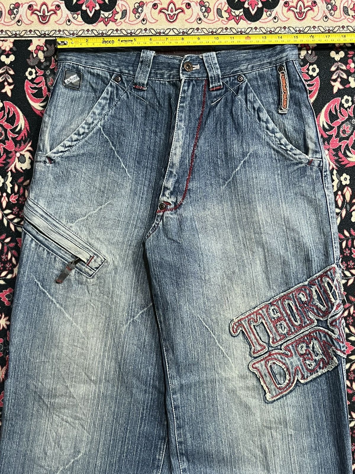JNCO Thriller Denim Embossed Slogan High Rise Loose Baggy Jeans Size US 30 / EU 46 - 14 Thumbnail