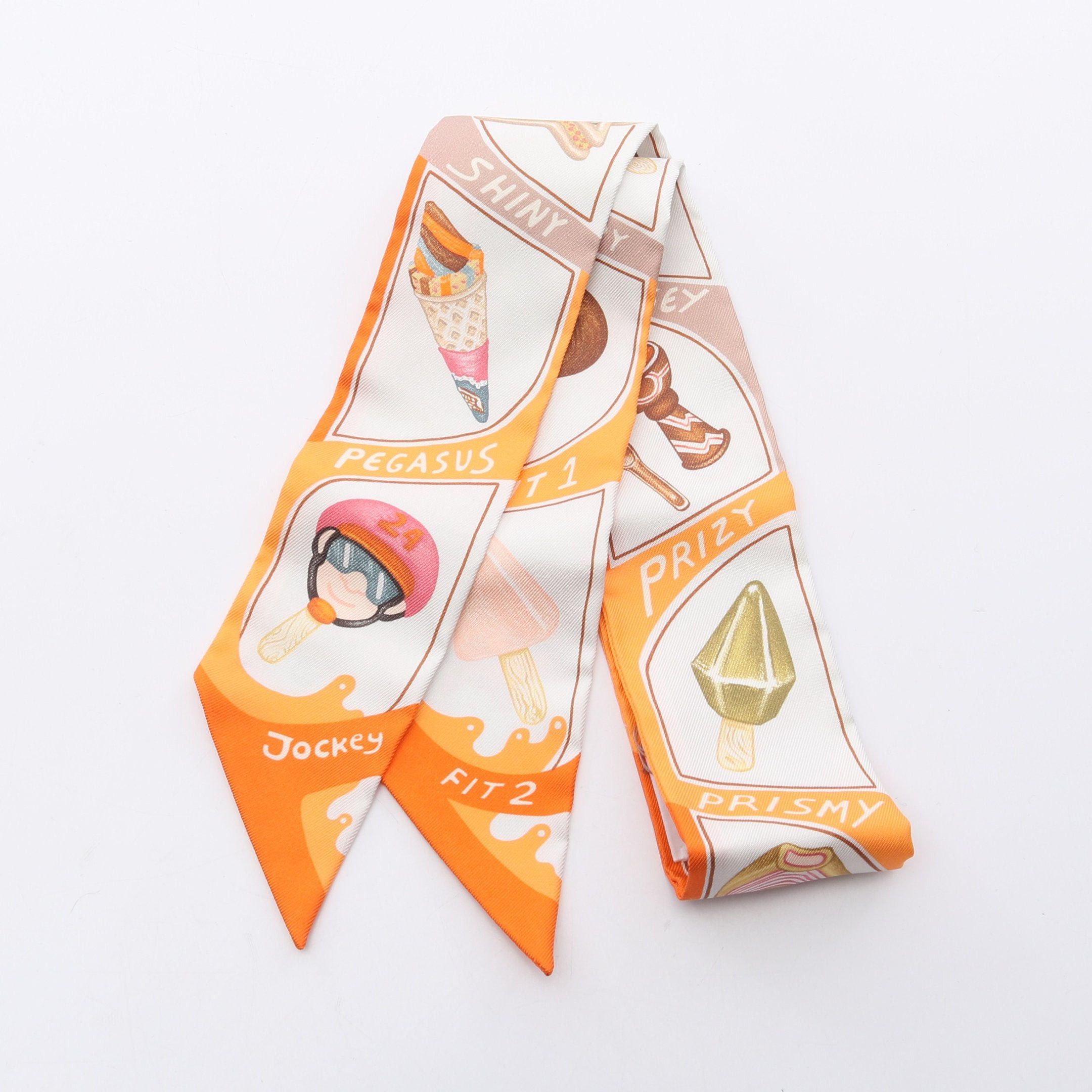 Hermes Hermes Twilly Funny Ice Cream Ribbon Scarf Silk Orange Multicolor Size ONE SIZE - 1 Thumbnail