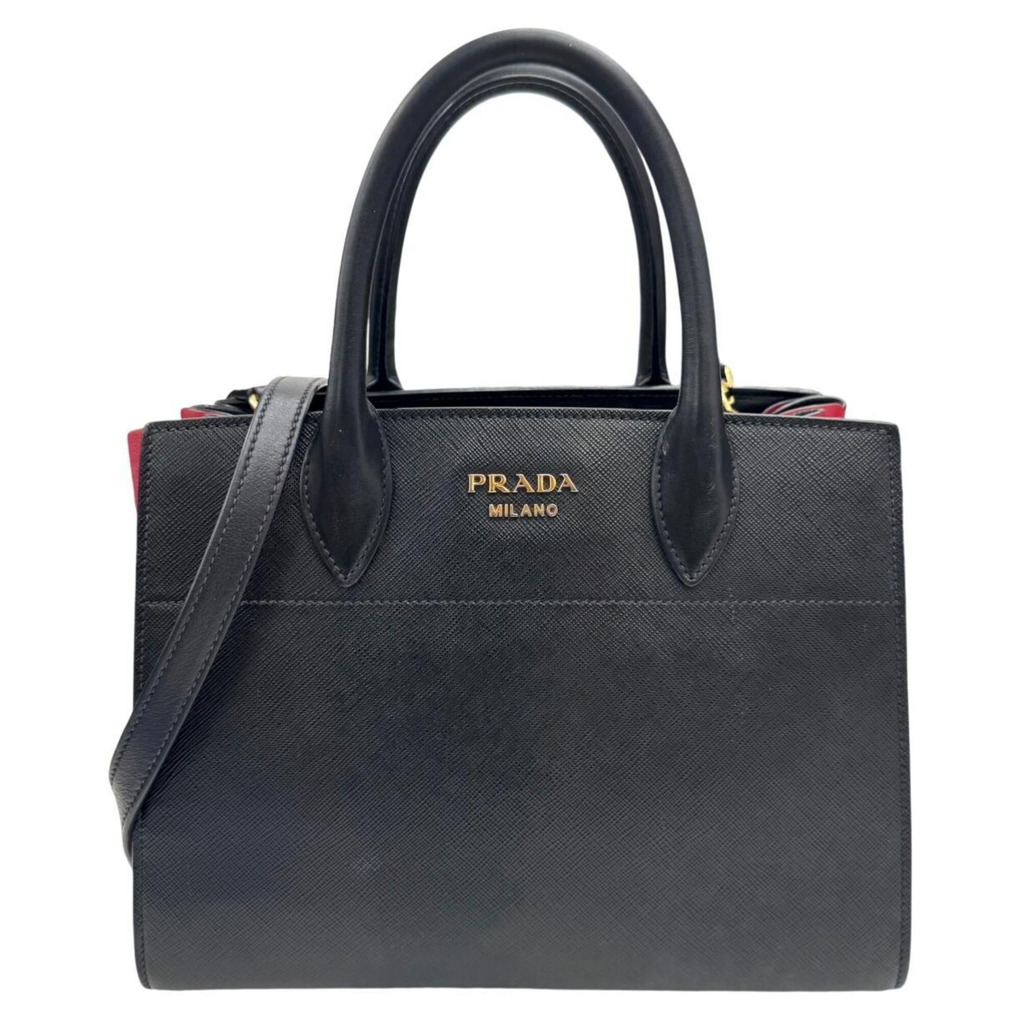 Prada PRADA Saffiano Bibliotheque Leather Handbag, Black x Red, 1BA050, Women's Shoulder Bag Size ONE SIZE - 1 Thumbnail