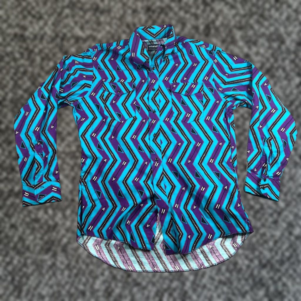 Wrangler VINTAGE Wrangler Shirt Mens L Teal Chevron Arrows Aztec Cowboy Cut Button-Up Long Sleeve Size US L / EU 52-54 / 3 - 1 Thumbnail