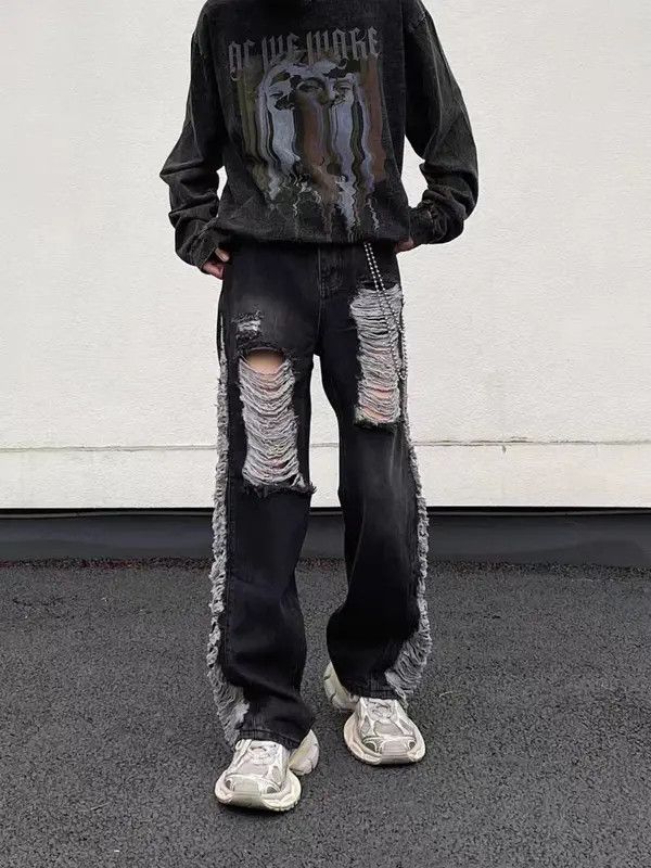 VIBE Retro fringed ripped straight-leg draped jeans Size US 32 / EU 48 - 6 Thumbnail