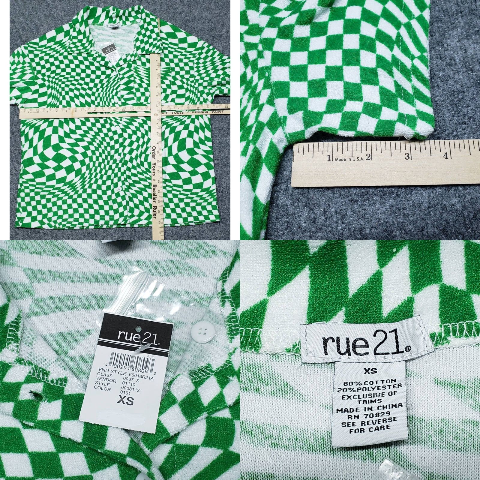 Vintage Rue21 Button-Up Shirt Blouse Womens XS Green Checkered Short Sleeve Collared New Size XS / US 0-2 / IT 36-38 - 8 Thumbnail