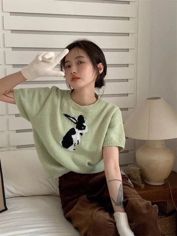 VIBE Rabbit Summer Knitted T-Shirts Women O-Neck Size ONE SIZE - 2 Thumbnail