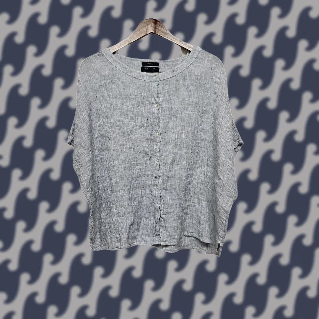 Vintage Tahari 100% Linen Boxy Top Women’s Medium Gray Short Sleeve Relaxed Fit Blouse Size M / US 6-8 / IT 42-44 - 1 Thumbnail