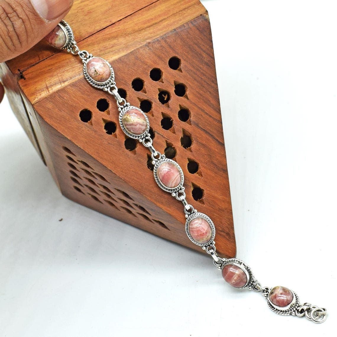 Handmade Rhodochrosite Gemstone 925 Silver Bracelet Handmade Bracelet Size ONE SIZE - 3 Thumbnail