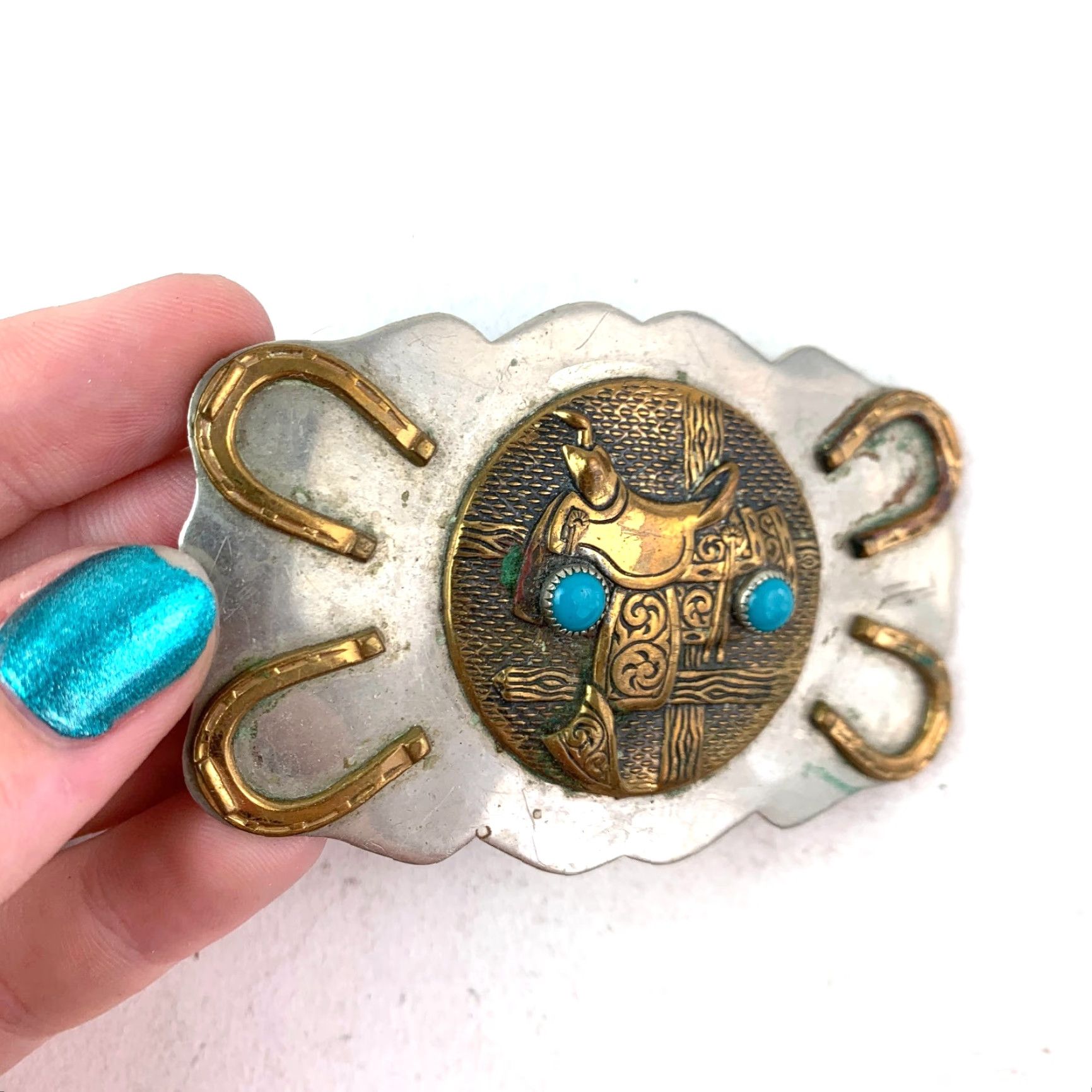 Vintage VINTAGE Nickel Silver Horseshoe Saddle Blue Gem Western Metal Belt Buckle Size ONE SIZE - 3 Thumbnail