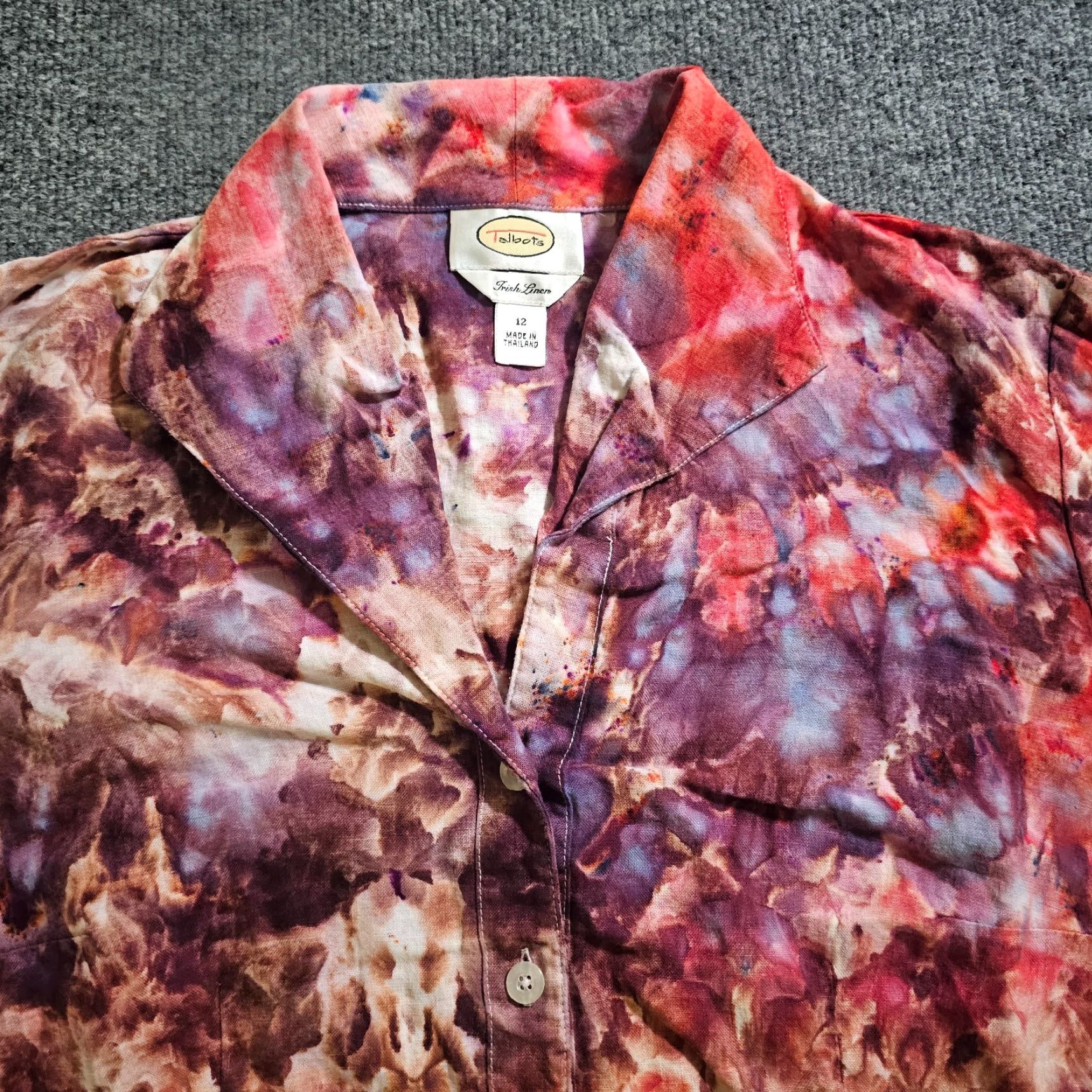 Talbots Talbots Top Shirt Womens 12 Red Purple Tie Dye Irish Linen Button Casual Career Size XL / US 12-14 / IT 48-50 - 2 Thumbnail