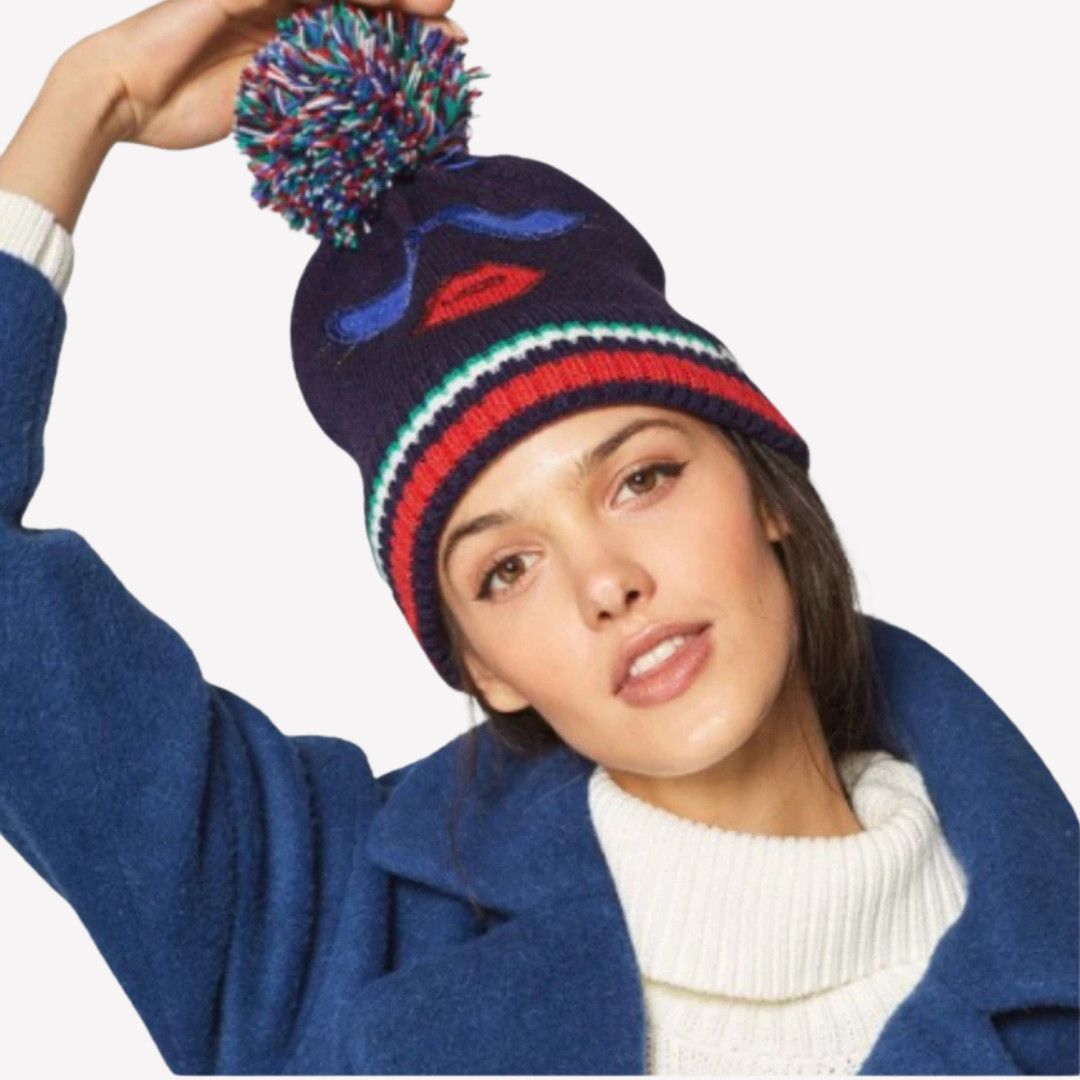 Esprit ESPRIT Navy Winter Beanie Hat w/ Pom Pom & Fun Embroidery Size ONE SIZE - 2 Thumbnail