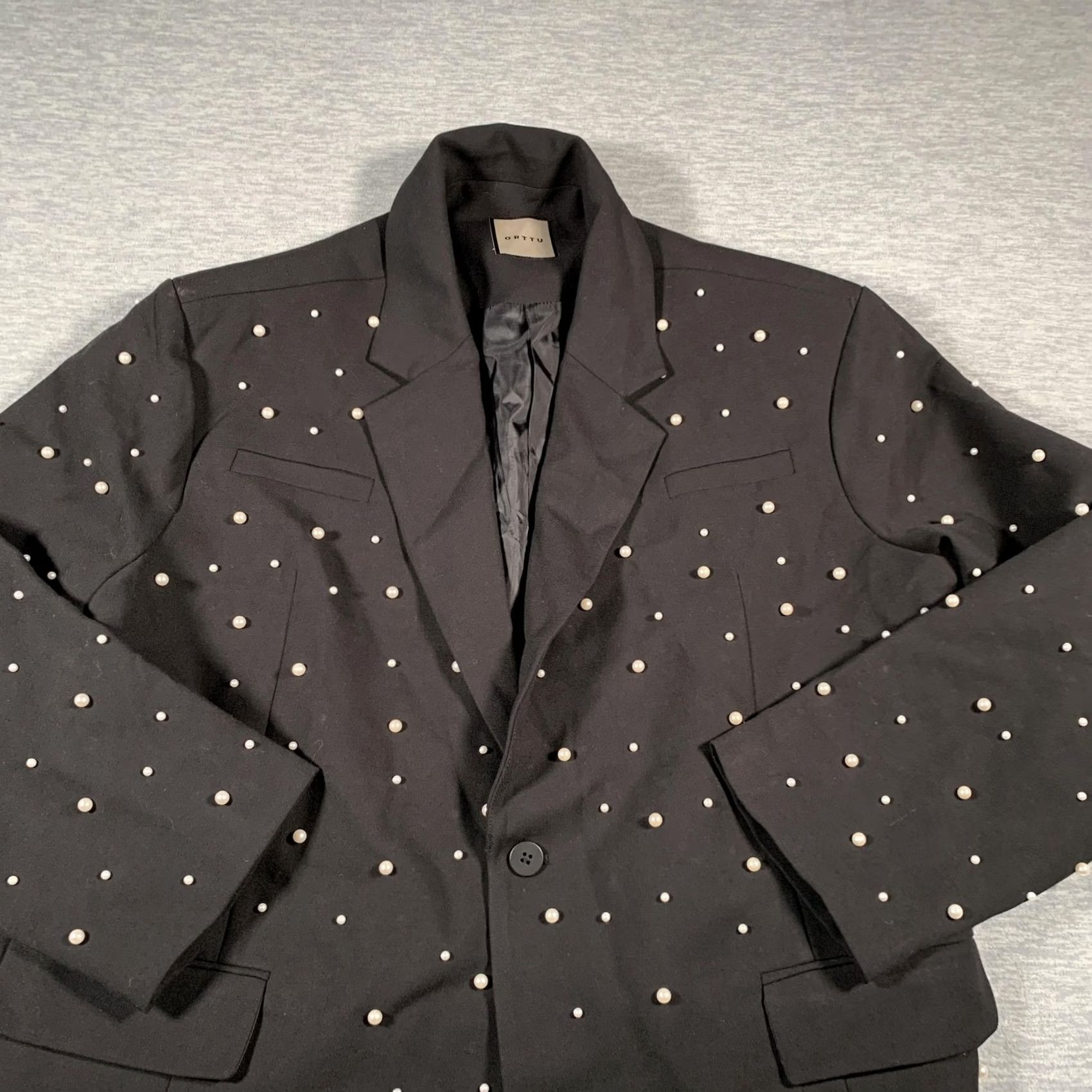 Vintage ORTTU Blazer Men One Size Black Pearl Studded Embellished Single Button Beaded Jacket Size 44L - 2 Thumbnail