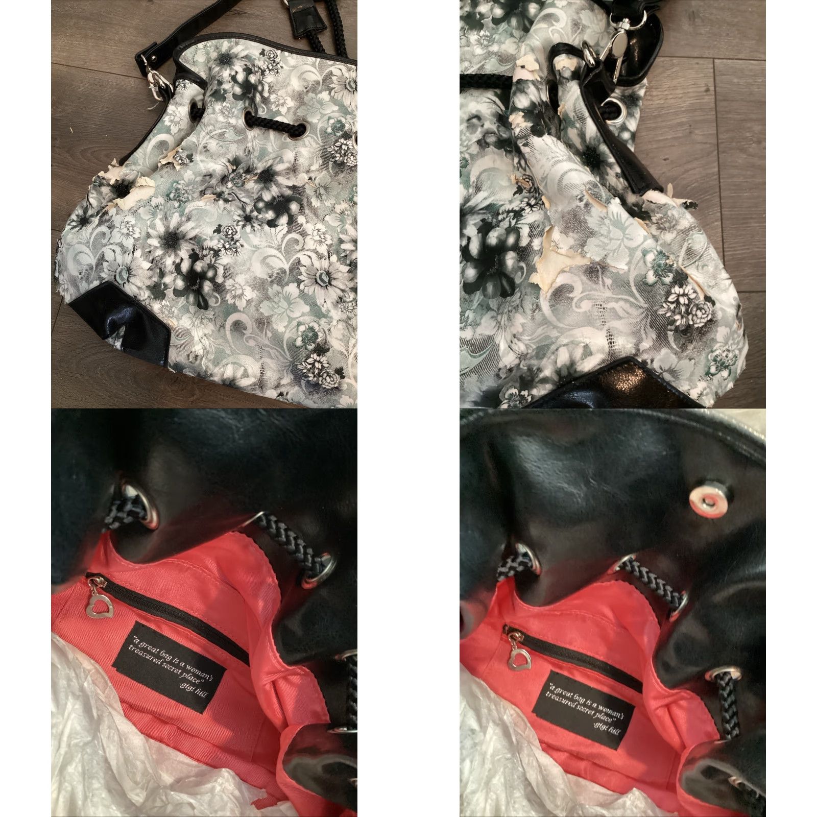 Vintage Gigi Hill Large Floral Shoulder Bag Black with Red Lining, Pockets - Women’s Travel, Casual, Business Size ONE SIZE - 8 Thumbnail