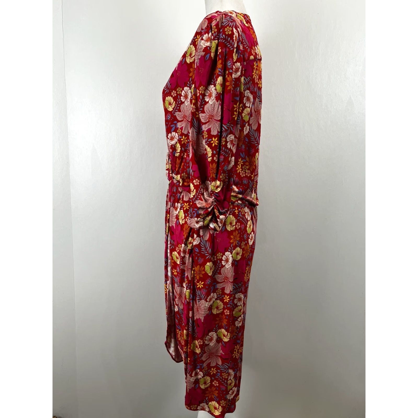 Lanvin LANVIN PARIS Dress Floral Silk Blend Ruched Sleeves Knee Length V-Neck Zip EU 42 / US 10 Multicolor Womens Size 28" / US 6 / IT 42 - 2 Thumbnail