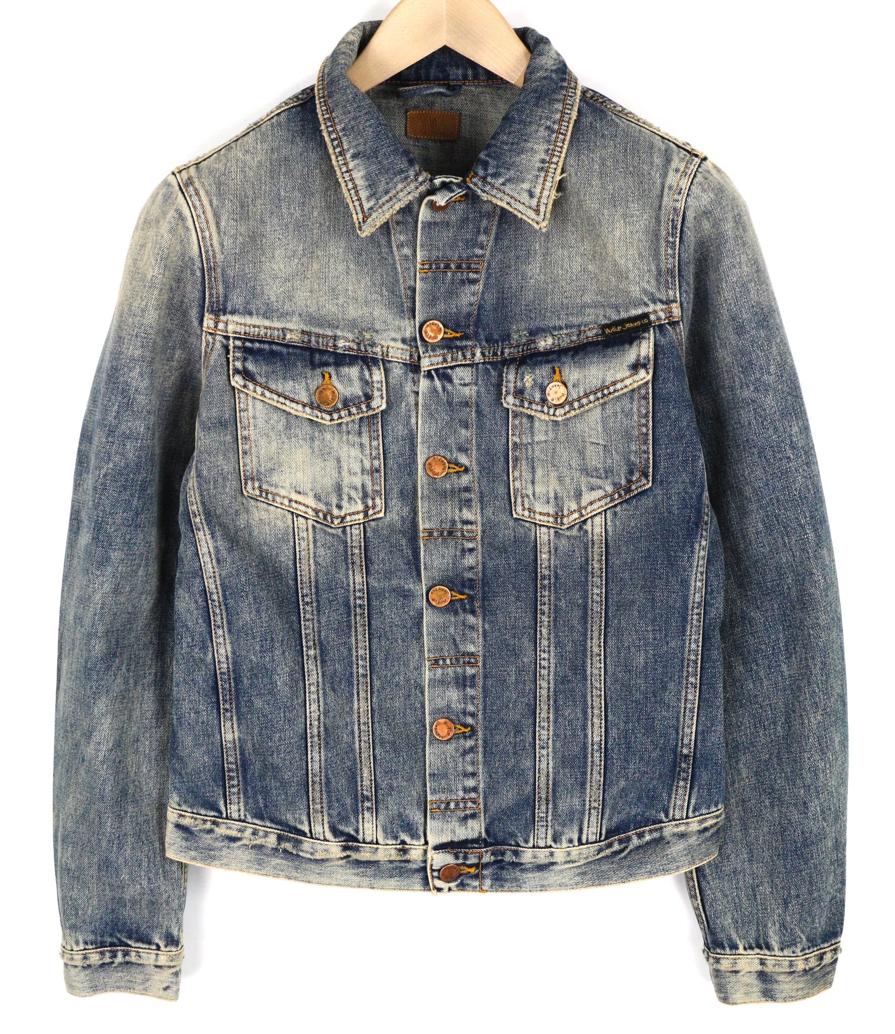 Nudie Jeans BILLY S Shimmering Indigo Distress Polo Neck Jacket 82485 Size US S / EU 44-46 / 1 - 1 Thumbnail