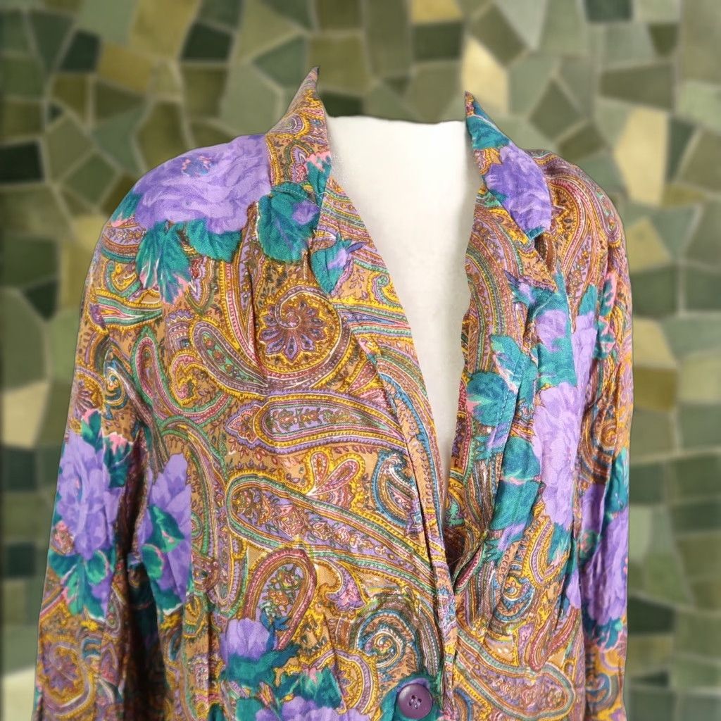 Vintage VINTAGE 90s Floral Blazer Jacket Women's M Yellow Purple Rose Paisley Rayon Button Vintage Blazer 90s Bohemian Hippie Floral Women M Adults Mens? Size M / US 6-8 / IT 42-44 - 1 Thumbnail