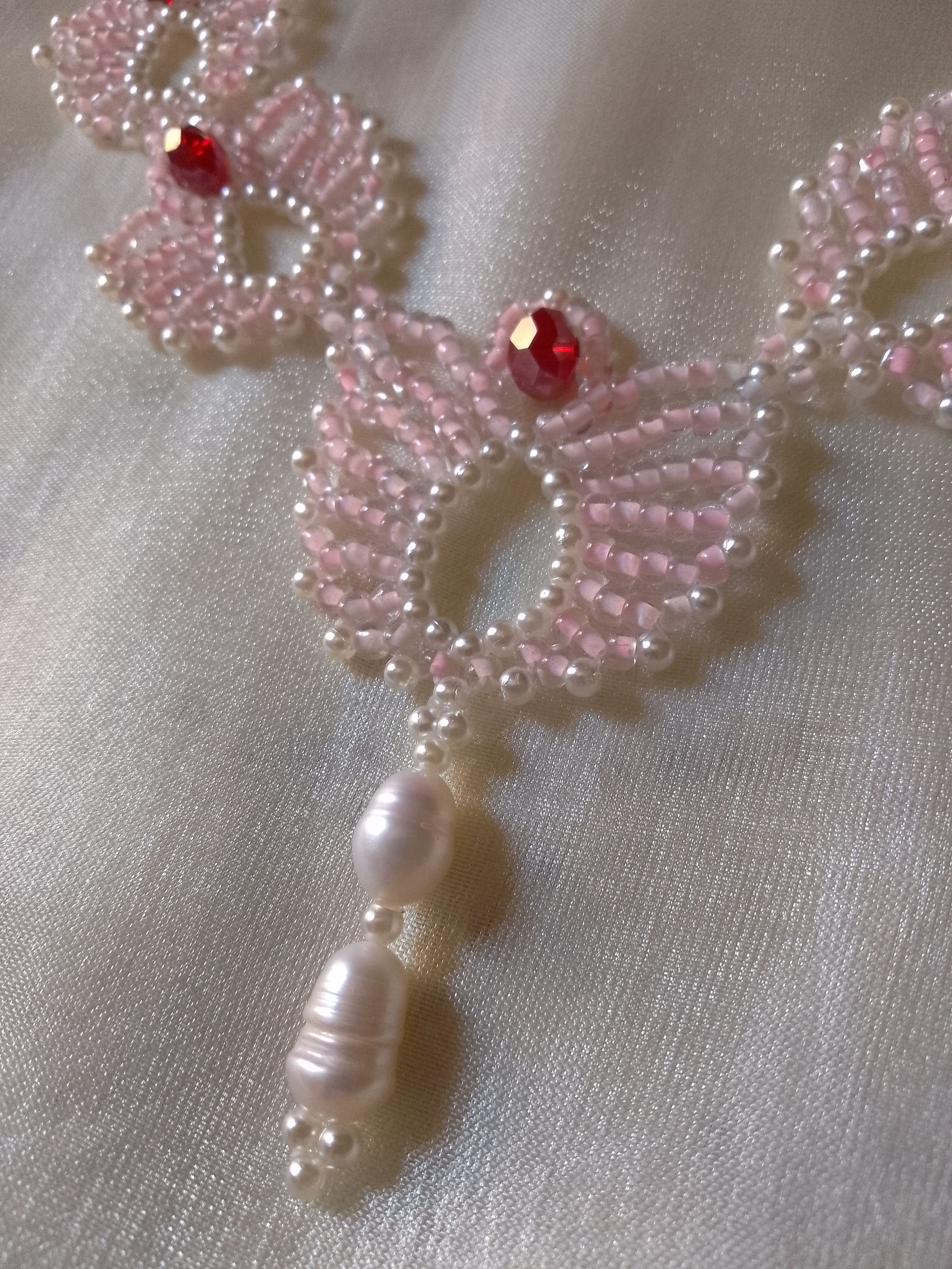 Handmade Necklace Pink lotus flowers with crystal& freshwater pearls Size ONE SIZE - 9 Thumbnail